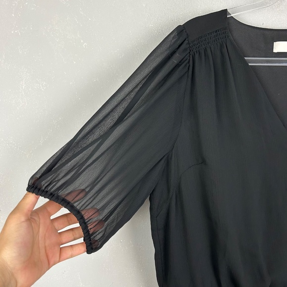 LOFT size 14 Tall black dress side ruched chiffon short sleeve v-neck side zip - Picture 5 of 14